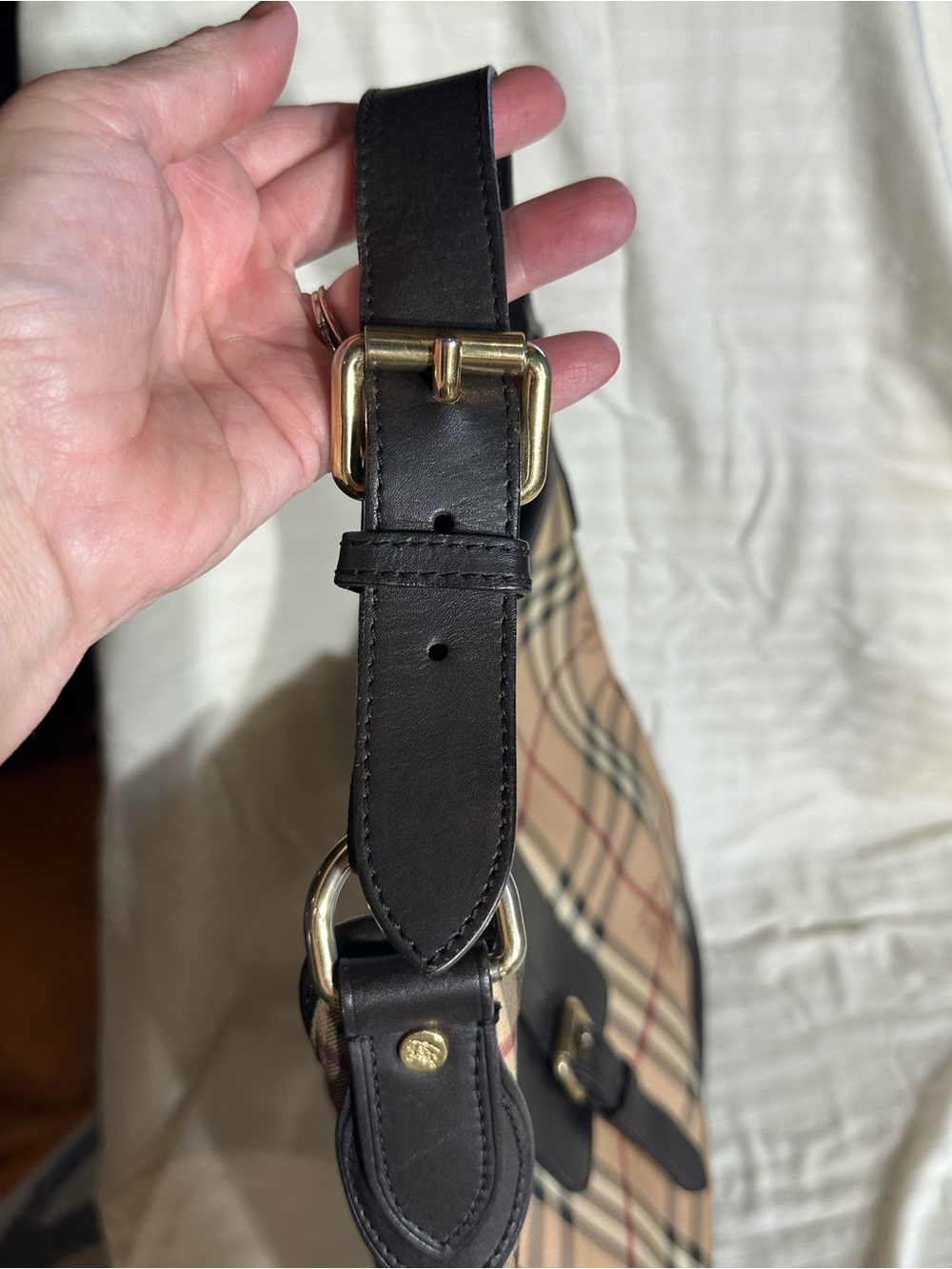 Burberry Beige Check Canvas Hobo with Black Trim - Picture 3 of 6